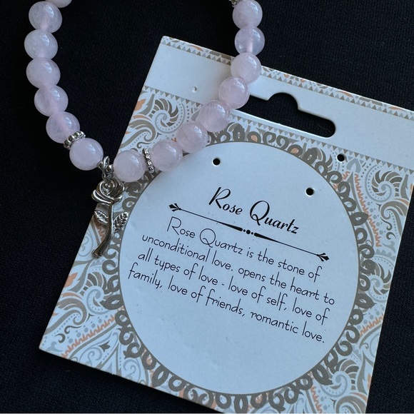 New Healing Stone Rose Quartz Bead Silver Plate Rose Charm Stretch Bracelet Calm - Picture 7 of 8